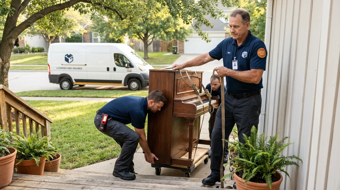 Licensed piano movers securing grand piano in Westland, MI